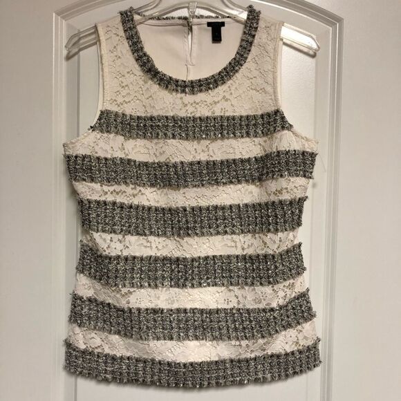 J Crew Silver Ivory Stripe Blue Gray Textured Boucle Sleeveless Shell S - Picture 3 of 8